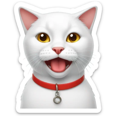 White cat with red collar and fish in mouth sticker