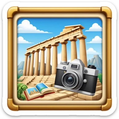 Icon for Historical and Cultural Tourism: iconic landmarks like ancient ruins, a museum and a historical monument, with a travel guidebook and camera. The icon should capture the exploration of history and culture. Transparent background. sticker