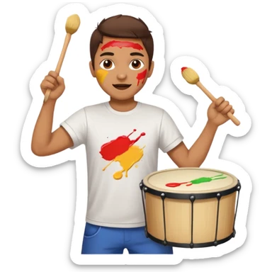 A loud fan, simple tee shirt with paint on his cheeks with a marching drum, beating it with enthusiasm sticker