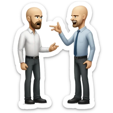 tall bald thin software engineer while arguing with his smaller boss with beard sticker