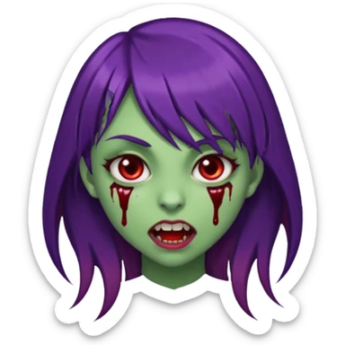uma garota com cabelo marrom com franja lateral e dois fios de cabelos são roxos na franja, e o cabelo é liso, e a pele dela é verde e a boca normal dente de vampiro e com sangue pingado no canto e um piercing no canto da boca. sticker