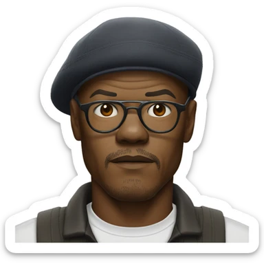 bald samuel l jackson serious wearing shirt and backwards Kangol sticker