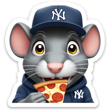 close up of angry rat eating a pizza while wearing New York yankee cap sticker