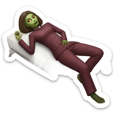 a Reptilian alien woman, laying down, full body, inBurgundy buckle dress pants sticker