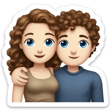 Cute chubby Girl with brown curly hair and blue eyes and pale skin with freckles hugging a tall handsome boy with brown hair brown eyes and white skin sticker