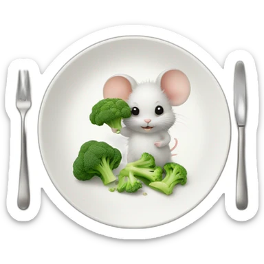 cute fluffy mouse beside (plate) with broccoli sticker