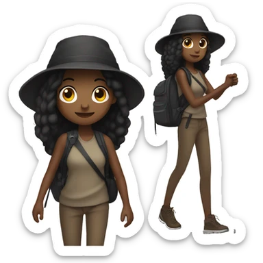 Dark skinned girl with long straight black hair hiking with black bucket hat and walking stick standing up sticker