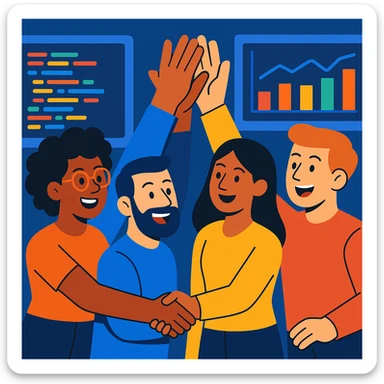 équipe IA/ML diverse célébrant un succès, high five collectif, arrière-plan avec écrans de code et graphiques, style vibrant et professionnel sticker