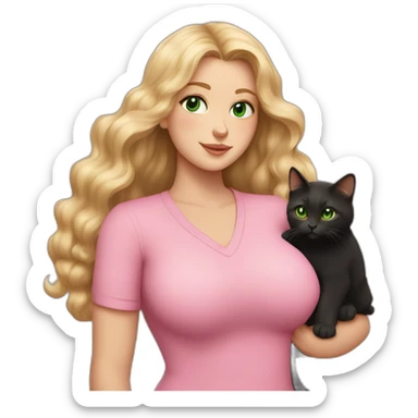 woman with green eyes and long wavy blonde hair and big boobs in a pink shirt is holding a very fluffy and fat black and tortoiseshell cat sticker