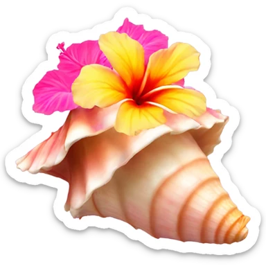 Conch shell with a pink, orange and yellow hibiscus on top  sticker