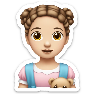 Little Girl with White skin, blue eyes. brown hair with two braids and pink two bows in it. She is wearing a pink and White dress, standing and holding on to a teddybear. sticker