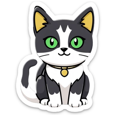 Female Tuxedo domestic short hair, more white than black, green/gold eyes sticker