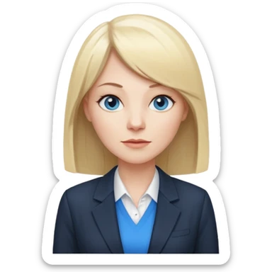 40 yr old white woman, pale skin, long straight blond hair parted in center, blue eyes, bangs, clothes for office sticker