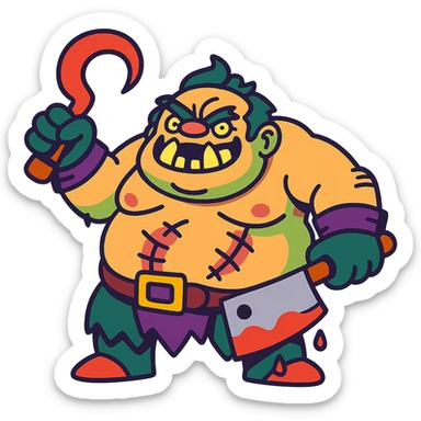 Cartoonish redesign of Pudge from Dota 2, exaggerated features, vibrant colors, playful style sticker