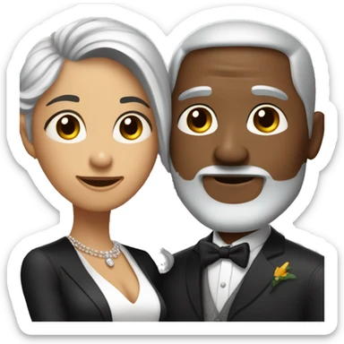 A white grey haired man with a goatee has just married, with a black woman with black hair and a brown complexion. They have a lot of money. they are hugged sticker