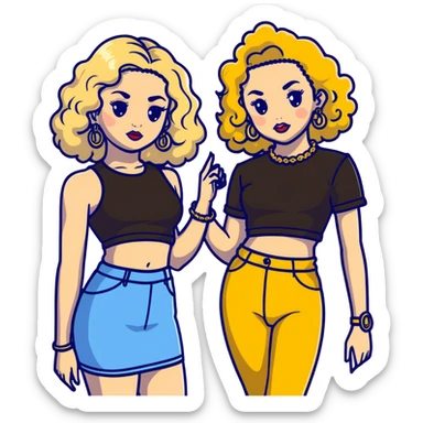 Full body of two teenage girls standing together, one white with straight blonde hair and one brown-skinned with curly dark hair, both with heavy makeup, big lips, crop tops, gold jewelry and flashy choni style outfits sticker