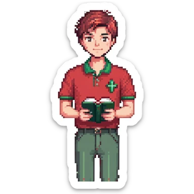 full body man, red polo, cross necklace, clean haircut, holding a book, standing pose sticker