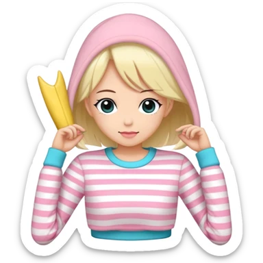 En anime-jente med to rosa lange tykke fletter og cyan striper i håret, ku-horn og ku-ører, sort BH-topp over en gul cropped-fleece-blouse sticker