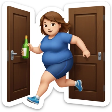 A fat girl with brown hair running towards a door with alcohol sticker