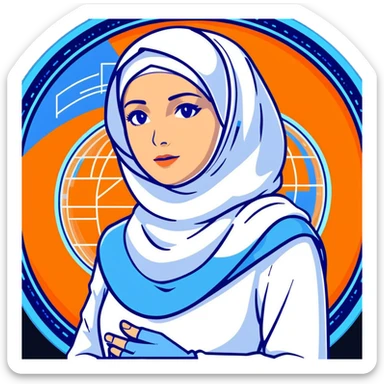 woman with white hijab in blue outfit, gazing forward, encircled by futuristic holographic screens displaying AI visualizations, quantum data patterns, circuit networks, high-tech metaverse elements sticker