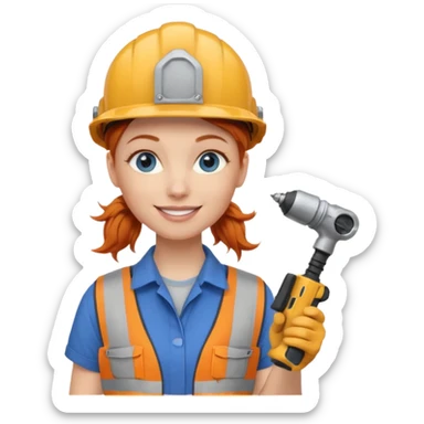 A ginger haired girl blue eyes, handyman Outfit, wearing a Helmet, with drill sticker