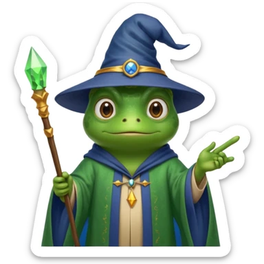 A smart frog in a hat and robes holds a pointer and with a smart face points out the mistake sticker