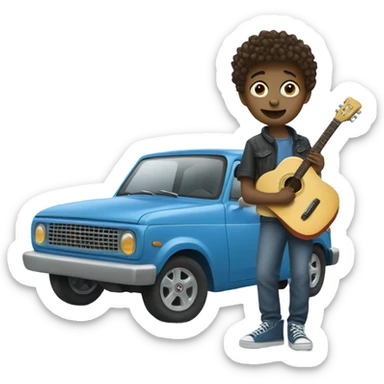 small boy holding a guitar and wearing silly shoes standing on top of a blue car sticker