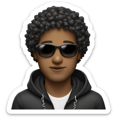 Curly haired man wearing a black hoodie, necklace chain, black sunglasses sticker