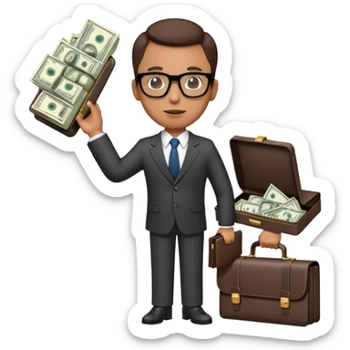 businessman in suit and glasses with an open briefcase full of dollar bills sticker