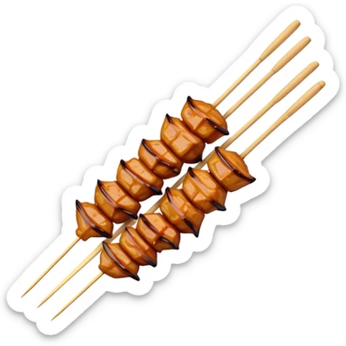 Cinematic Realistic Satay Dish Emoji, depicted as skewered, marinated meat grilled to perfection rendered with rich, smoky textures and dynamic, appetizing lighting. sticker