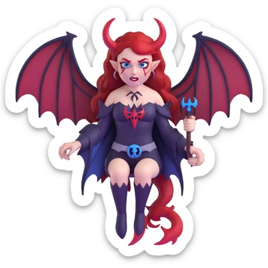 extremely diabolical demon girl with massive bat wings, blood red hair, sinister glowing blue eyes, dark hellish aura, sharp horns, fangs, pentagram sticker