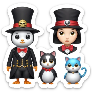 Penguin Wizard, pirata, gato con sombrero y pajarita y mujer con cuerpo de robot sticker