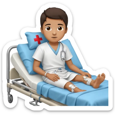 A young hispanic boy is in a hospital bed because of a broken leg. sticker