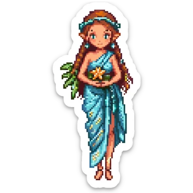 elf female Sarong with bioluminescent embroidery, armful of starfish, hair in a braid with pearl pins sticker