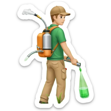 man with a emerald green shirt and tan pants on with backpack chemical sprayer on his back with the hose in his hand pointed downwards at bright green grass sticker