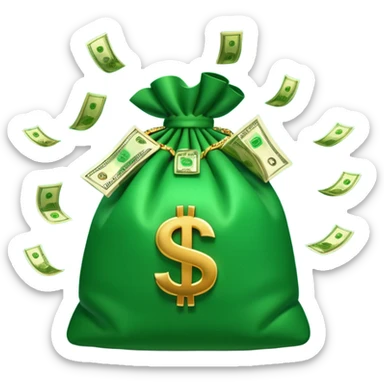 

3D emoji style, big bag of money, flying dollar bills, rich casino vibe, smooth lighting, high detail, clean edges, transparent background



 sticker