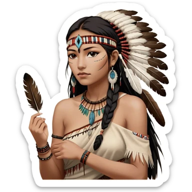Cinematic Realistic Pocahontas Portrait, depicted with lifelike skin texture, soft natural lighting, and intricately detailed long, flowing raven-black hair that moves gracefully in the wind. Her deep, soulful dark brown eyes exude wisdom and strength, complemented by a serene yet powerful expression. She is shown gently holding a feather in one hand, her other hand resting lightly at her side, embodying the harmonious balance between nature and herself. She is dressed in her classic one-shoulder native American dress, with rich fabric textures and delicate beaded details that catch the light beautifully. The portrait features a soft, sun-kissed glow with a natural, radiant finish, capturing the essence of untamed beauty and deep connection to nature in a realistic and painterly style, evoking a sense of depth and authenticity. sticker