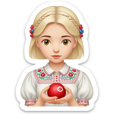 A young Ukrainian girl in a white embroidered shirt holds a ball of thread in her hand sticker
