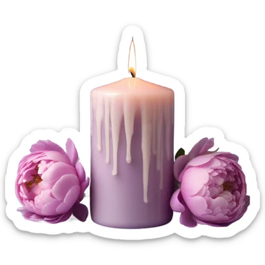 A vintage-inspired lilac candle with melted wax drips, surrounded by a bouquet of pastel peonies. sticker