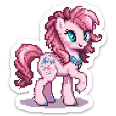 Pinkie Pie from My Little Pony, pixel art style, simplified features, pink color, curly mane and tail sticker