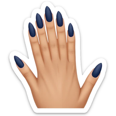 Close-up of a hand with long almond-shaped matte navy blue nails, minimal ring, soft indoor lighting, neutral striped background, clean and realistic. sticker