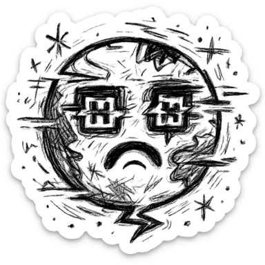 Upgrade this earth emoji with error eyes to look like it's glitching out, with cute digital glitch effects, while keeping it adorable and in the same chaotic icon style. sticker
