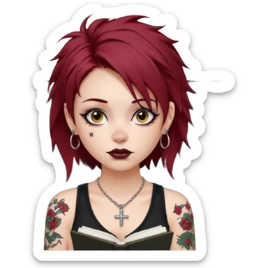 generate an ios genmoji of a girl with dark red messy hair with eyeliner on her eyes.  septum piercing, wearing a cami black top, has tattoos, on shoulders. ear piercings. wearing a cross silver necklace. Holding an overfilled sketchbook sticker