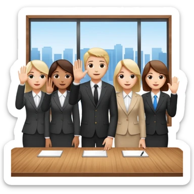 saying goodbye a group of coworkers hand up in meeting room in long rectangular table sticker