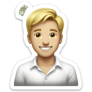 smiling boy in white shirt with money sticker