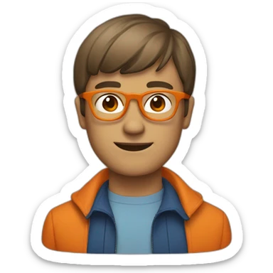 a man with a bowl cut brown squar glasses, a orange jacket sticker