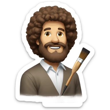 bob ross with brown hair, a brown beard, and a paintbrush thats covered in paint sticker