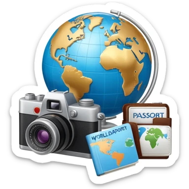 Globe with passport and camera, world travel sticker