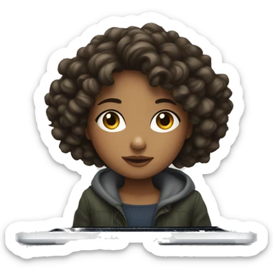 European girl with short and curly hair sits at a macbook sticker