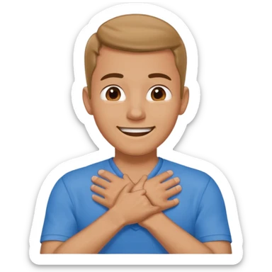 Man with hands gripped around neck crossed like he is choking while smiling sticker